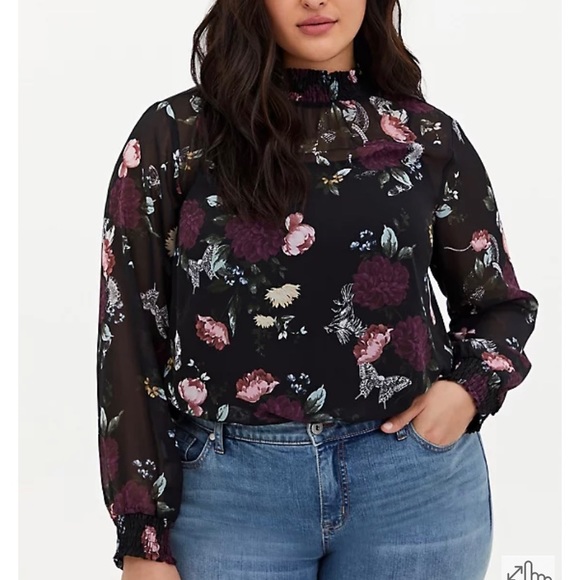 BLACK FLORAL CHIFFON SMOCKED MOCK NECK BLOUSE - Picture 2 of 10